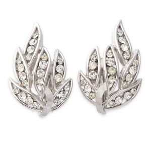 Vintage Crown Trifari Rhinestone Fern Leaf Clip On Earrings Silver Tone 1960s